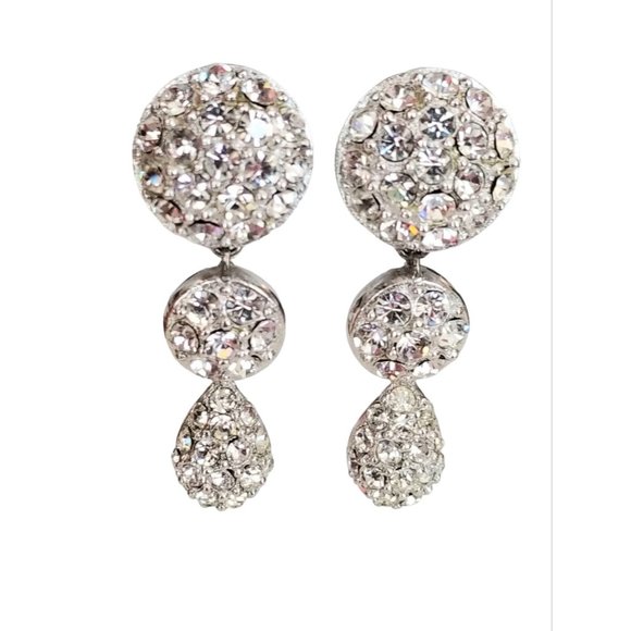 Christian Dior Silver Tone Clear Crystal Circle Dangle Clip On Earrings, Signed - Picture 1 of 11